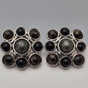 Monet Maltese Cross Clip-On Earrings Black Onyx Cabochon Silver Tone